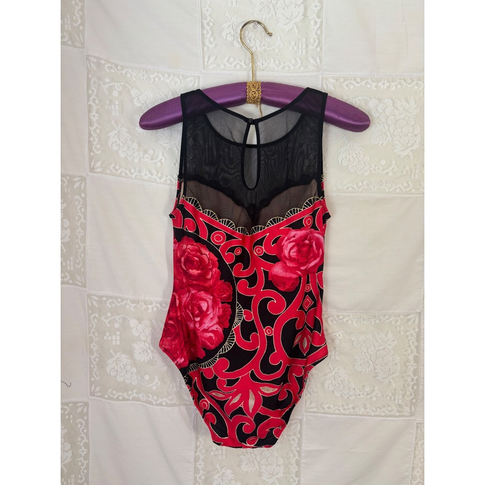 VTG Black Mesh High Neck Red Gold Threaded Boho Whimsigoth One Piece Swim Size M